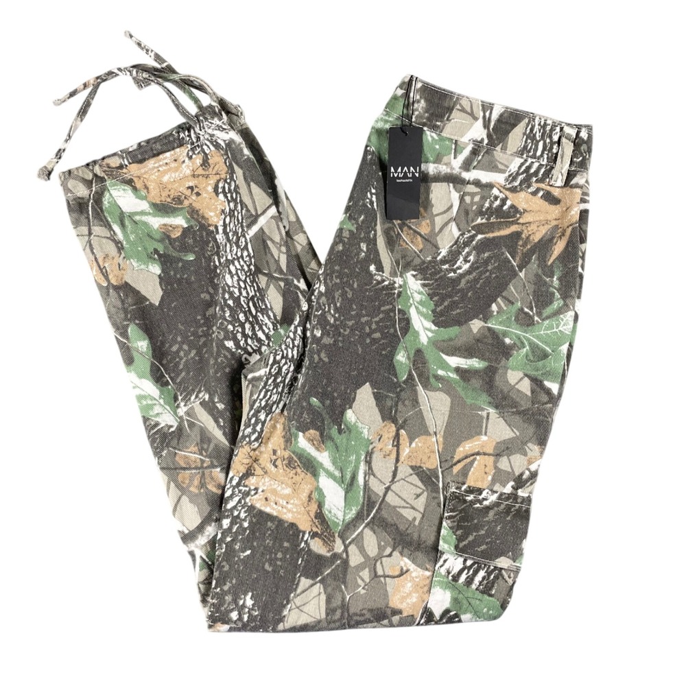 New BoohooMAN Camo Cargo Pants Mens 32x28 Straight‎ Leg Tie Camouflage Trousers